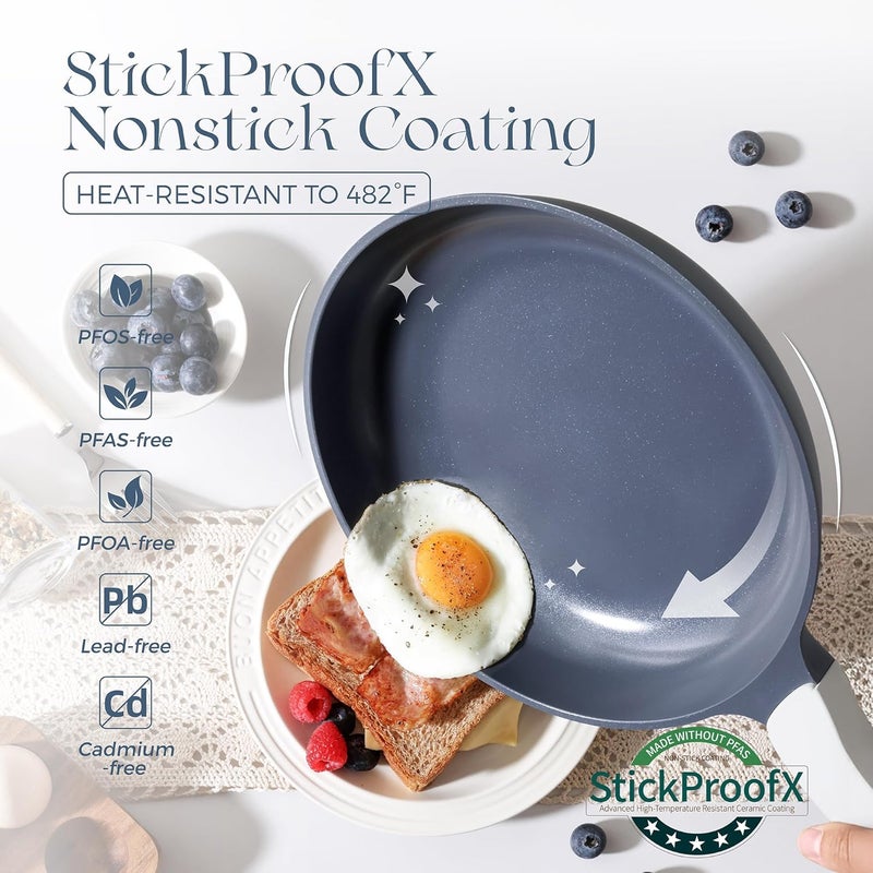 PRICUSIS Nonstick Ceramic Frying Pan Skillet, 8+12 Inch Induction Compatible with Stay Cool Handle, Healthy PTFE PFAS & PFOA Free Omelet Pan, Dishwasher Safe (Blueberry Gray) - Image 5